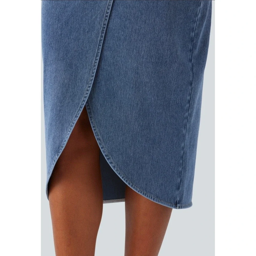 NWT Halara Flex High Waisted Ruched Tulip Hem Denim Midi Skirt XL Blue Stretch - Picture 3 of 5
